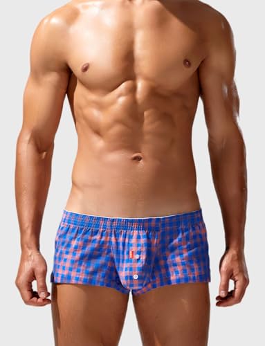 FEOYA Men's Sexy Low Rise Plaid Stripe Boxer Briefs Casual Sleep Lounge Bottoms Shorts Underwear4