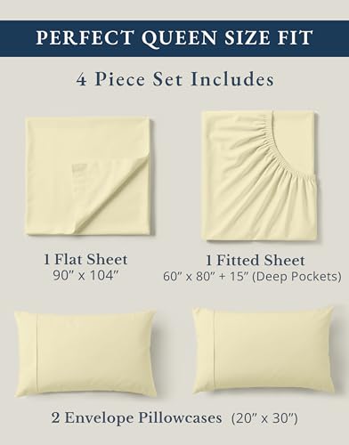Image of LANE LINEN Queen Cotton Sheet Set 100% Organic Cotton GOTS Certified Percale Weave Deep Pocket 4 Piece Soft Breathable Cooling Lightweight All Season Machine Washable Crisp - Vanilla