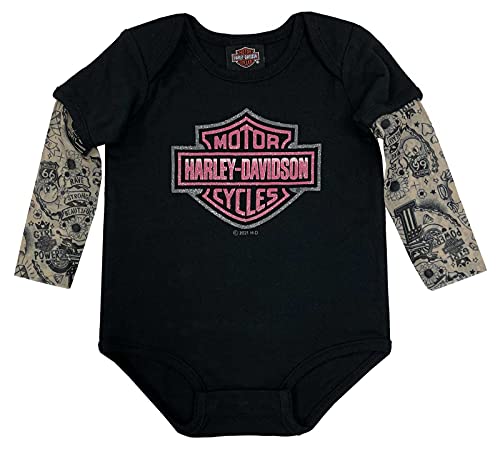 Harley-Davidson Baby Girls' Glitter B&S Mesh Tattoo Long Sleeve Creeper - Black