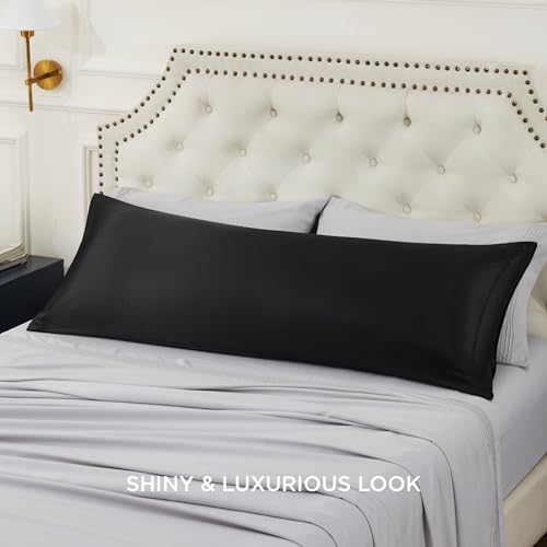 Image of Bedsure Body Pillow Pillowcase - Cooling and Silky Long Body Pillow Covers with Envelope Closure, Satin Similar to Silk Pillowcase for Hair and Skin,Black,20x54 Inches