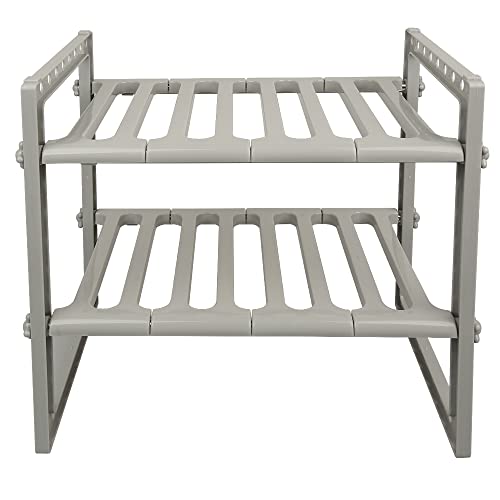 Scaffale Sottolavello Stoviglie– Stoviglie Ripiano PP rack estensibile organizzatore sotto il lavello scaffale espandibile di stoccaggio, 2 livelli, per cucina, bagno-38-70*26*38 cm (grigio)