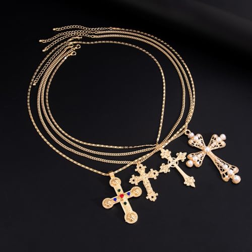 Cross Pendant Necklace Set for Women Punk Grunge Imitation Pearl Cross Layered Chain Necklace Statement Y2K Jewelry4