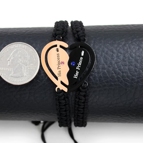 Image of 2pcs Black /Rose Gold Custom Carved Heart-shaped Puzzle Bracelets, Hand Woven Stainless Steel with Zirconia Jewelry for Men and Women, Fashion Couples Promise Bracelets