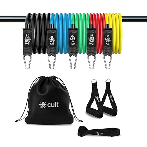 Cult Resistance Bands Set of 11 with Handles, Door Anchor, Ankle Straps & Carry Bag – Heavy Duty Toning Tubes for Full Body Workout, Strength Training