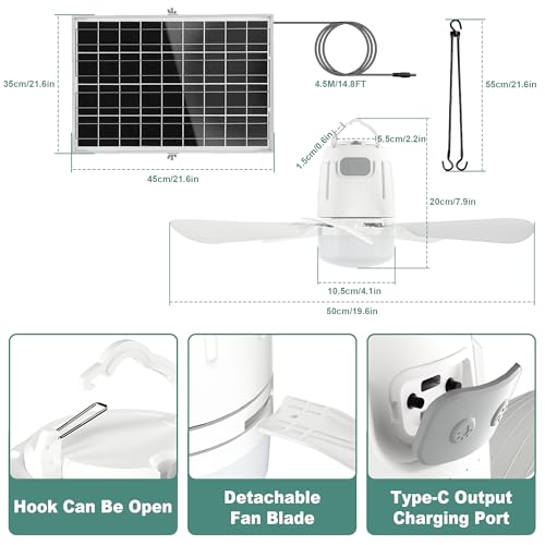 Gliztech Solar Ceiling Fan Light, 20000mAh Portable Gazebo fan with 30W Solar Powered Fan with Remote Control, Outdoor Ceiling Fan with Light for Patios, Canopy, Shed, RV, Porch and Chicken Coop - Image 7