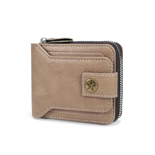 Image of Men Wallet, Vintage PU Leather Multi-Card Zipper Wallet with 8 Card Slots and Coin Pocket Large Capacity Buckle Credit Card Holder Wallet with Zipper (C, Light Brown)