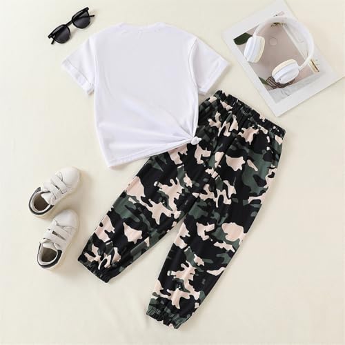 Image of Ayzozuy Kid Girl Clothes Outfits Figure Letter Graphic Tee Top + Flap Pocket Pants 2PC Clothing Set