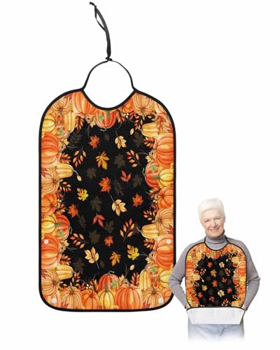 LEOKOTI Orange Yellow Fall Adult Bibs for Eating, Waterproof Bibs with Food Catcher & Snap Closure, Pumpkins Harvest Botanical Thanksgiving Black Washable Clothing Protectors Adult Bibs for Elderly