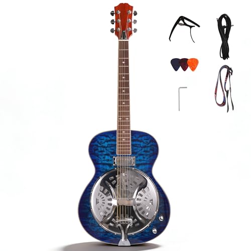 Acoustic Electric Resonator Guitar Beginner Guitar Kit Country Bluegrass Folk Blues Spruce Top Includes Cable Strap Capo Full Size 40 Inch Right Handed Guitar (Cloud blue)