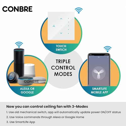 Conbre SF1 Wi-Fi based Smart Fan Touch Switch for automation, remote and 5 speed control | Compatible with Alexa, Google Assistant & Siri (White) 7 41q8s2mzRXL
