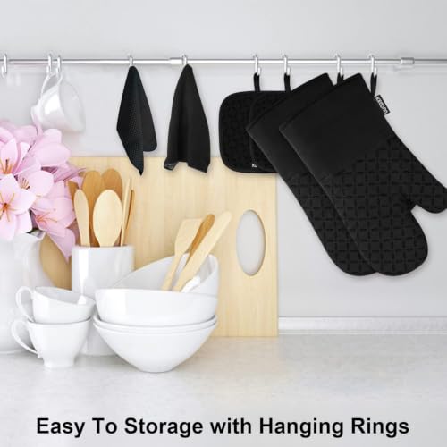 Image of KEGOUU Oven Mitts and Pot Holders 6pcs Set, Kitchen Oven Glove High Heat Resistant 500 Degree Extra Long Oven Mitts and Potholder with Non-Slip Silicone Surface for Cooking (Black)