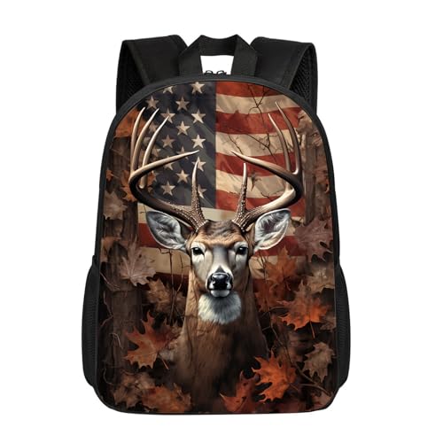 DOINBEE Forest Deer American Flag Backpack, Deer Hunting Camouflage USA Flag Book Bag for Kids Men Women Teens, Kindergarten Elementary Middle Big School Bags, Casual Travel Daypack Rucksack 17'
