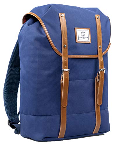 SEVENTEEN LONDON - Mochila 'Chelsea' Moderna, Simple y Unisex de Trekking in Azul Marino con Cierres de Correa marrón y Clips magnéticos - Ideal para una computadora portátil de hasta 15,6"