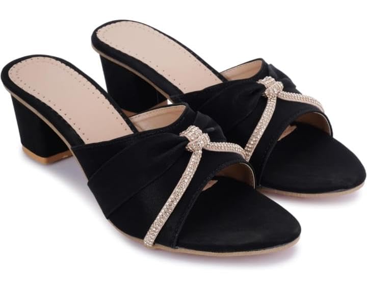 Women's Black Block Heel with Rhinestone Knot Detail, Open Toe Mule Heels, Velvet Slipper-picture-15