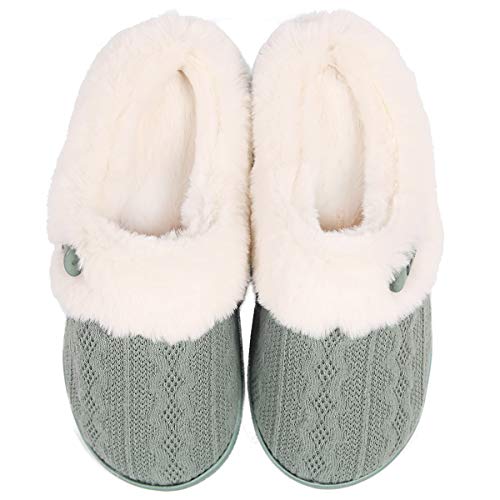 Women's Fuzzy Slip on Slippers,Cozy Memory Foam House Slippers,Plush Fleece Warm Indoor Outdoor House Shoes Rubber Sole Green