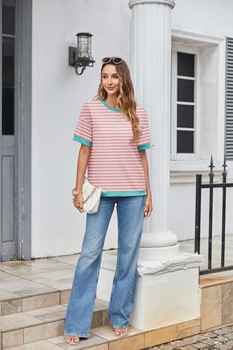 Zeagoo Womens Tops Casual Oversized Short Sleeve Sweatshirt Summer Striped Shirt Crewneck Pullover Loose T Shirts Blouse4