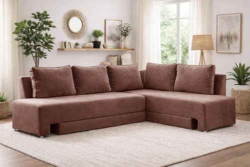 Image of Rosebell L-Shape 5 Seater Sofa Cum Bed, Sectional Couch with Cushions, Space Saving Corner Sofa, Modern Foldable Seating & Sleeping Solution for Living Room, Guest Room & Small Spaces - Brown Color