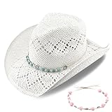 Picture of Women's Western Cowgirl Hat Men's Cowboy Hat Straw Cowboy Hat Woven Sun Hat Western HatUnique Two Decorative Bands (US, Alpha, One Size, X-Large, White-Eyestone)
