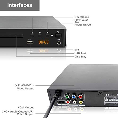LONPOO Compact DVD CD Player Codefree Multi Region Play, Support 1080P Upscaling, HDMI & AV Output (Cable Included), USB2.0 Port Input, Mic Port