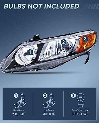 Nilight HA-HD-CIV-06-BA 2006 2007 2008 2009 2010 2011 Civic Headlights Amber Sedan 4 Door Only Headlights Assembly Headlamp Replacement,Driver And Passenger Side,Black Housing Amber Reflector thumb #1