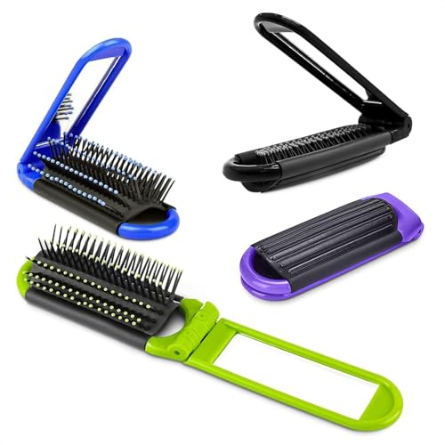 4 Pcs Travel Hair Brush - 4.25x1.49' Folding Hair Brush with Mirror and Flexible Nylon Bristles, Lightweight Travel Comb for Women - 4 Colors Pack, Foldable Hairbrush for Styling on the Go
