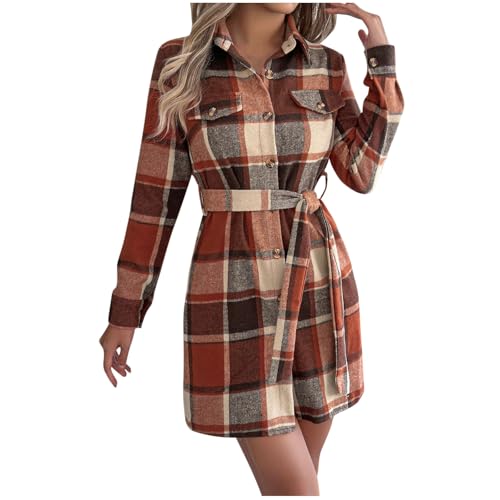 Dyhxuan Blusenkleid Damen Wolle Hemdkleid Modisches Kariert Hemdblusenkleid Button Down V-Ausschnitt Shirtkleid mit Gürtel Langarm Karo Kleid...