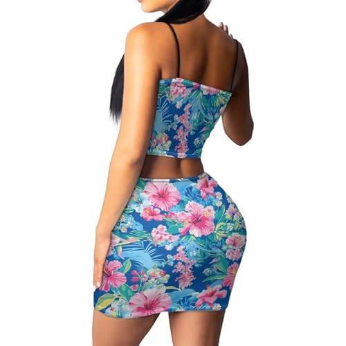 Image of Biyejit Women's 2 Piece Summer Outfits Spaghetti Strap Crop Tops and Bodycon Mini Skirt Dress Set Plus Size S-4XL