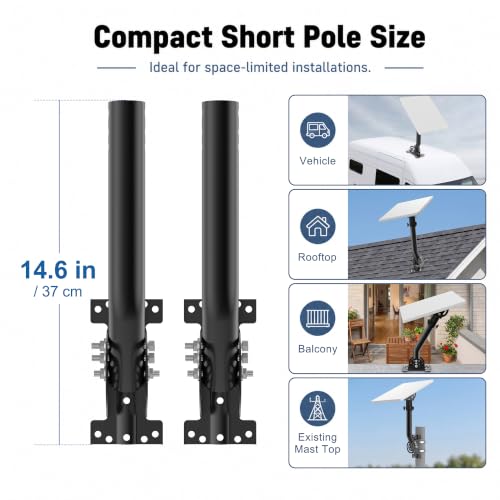 Image of Universal Heavy Duty Antenna Mount Pole - 1.38 inch Dia x 14.6 inch L Mast for Wireless Bridges, Outdoor Antennas, Starlink, Weather Stations & WiFi Extenders, Black, 2 Pack