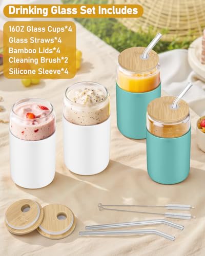 Image of sungwoo Glass Cups with Lids and Straws, 4 Pack 16OZ Iced Coffee Cups with Silicone Sleeve, Glass Tumbler with Straw and Bamboo Lid, Home Essential Drinking Set for Juice, Cocktail and Tea White&Green