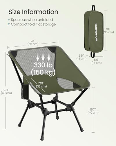 Image of SONGMICS Lightweight Backpacking Chair, Adjustable Height, Steel Frame | 330 Lb Capacity, 2 Storage Pockets, for Outdoor Travel, Green UGCB050CZ01