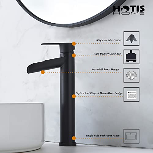 Hotis Vessel Sink Faucet, Matte Black Waterfall Bathroom Faucet, Tall Body Single Hole Single Handle Bathroom Faucet, Bathroom Sink Faucet With Pop Up Drain And 3/8" Hoses Supply Line #TOP3