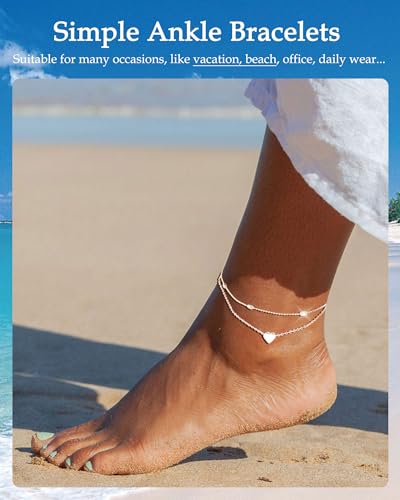 Image of FUNEIA Gold Silver Ankle Bracelets for Women Waterproof 14K Gold Plated Anklets for Women Non Tarnish Dainty Layered Beaded Heart Anklet Set Summer Beach Foot Chain Jewelry Gifts Trendy Stuff