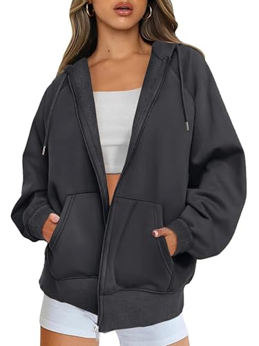 Timuspo Zip Hoodie mit Fleece-Innenfutter Vintage Trendy Sweatjacke Damen Lang Workout Outfits Sweatshirt Jacke Oversize Y2K Dunkelgrau S