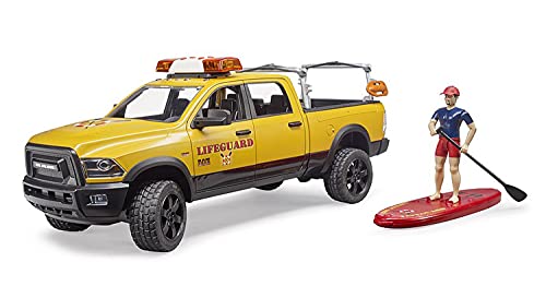 bruder 02506 - RAM 2500 Power Wagon Life Guard mit Figur, Stand-Up Paddle & Light and Sound Modul - 1:16 Pick-up Geländewagen Pritschenwagen Jeep Mann Rettungsdienst Rettungsschwimmer Fahrzeug – Bild 6