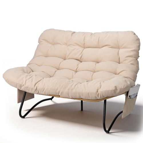 Outvita Outdoor Patio Loveseat All Weather Double Papasan Chair with Side Storage Pocket 6 Thick Cushion 4 Adjustable Support Feet 2 Seat PE Rattan Couch for Backyard Patio Garden Balcony(Beige)