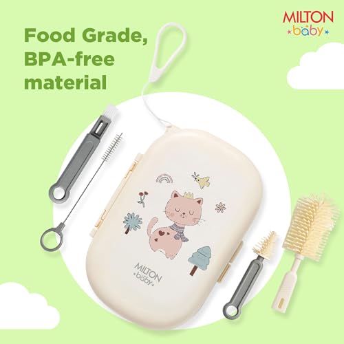 Image of Milton Baby 5-in-1 Travel Bottle Cleaner Kit I Bottle, Nipple & Straw Cleaner I BPA Free - Food Grade Silicone Brush I Compact Soap Dispenser I Drying Rack I Home & Travel Essential, Cat Print, Cream
