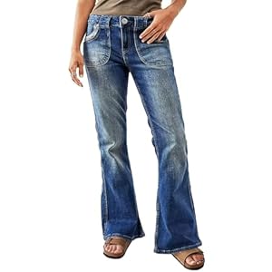 Flamingals Women’s Flare Leg Jeans Mid Rise Stretchy Casual Wash Colorblock Bell Bottom Denim Jeans