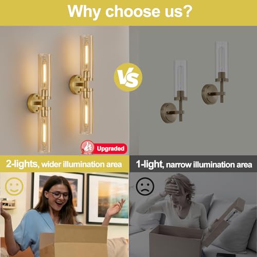 Image of Indoi Wall Sconces Set of Two, Hardwired Brushed Gold Bathroom Sconces Wall Lighting with Amber Glass, Modern Sconces Wall Decor Set of 2 Vanity Light fixtures for Bathroom Mirror Bedroom