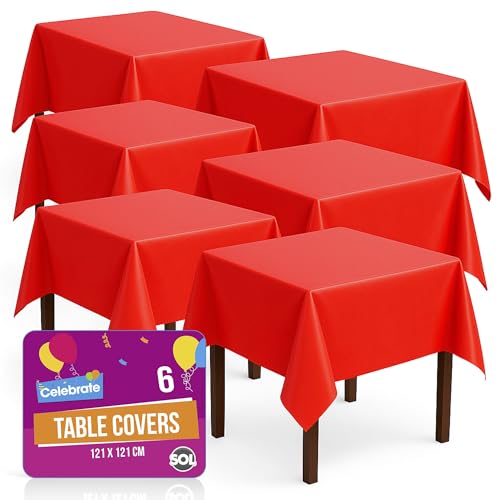 SOL 6pk Red Table Cover 121x121cm Party Table Cloth Plastic Disposable Tablecloths for Parties - Elegant Durable Design - Perfect for Weddings, Birthdays, Buffets, Indoor & Outdoor Events