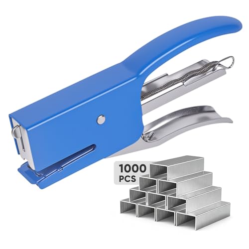 Heavy-Duty Handheld Plier Stapler with 1000 Standard 1/4 Staples, All-Metal Ergonomic Easy Grip Stapler, Smooth Jam-Free for Office, School, Home, Classroom Supplies, Documents, Receipts – Blue