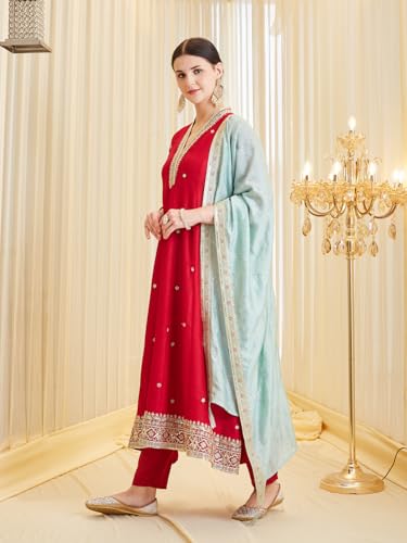 Image of MOKOSH Women's Silk Embroidery Anarkali Kurta Pant with Dupatta | Anarkali Kurta Set |Embroidered |V Neck Full Sleeve Ethnic Suit |3 Piece Outfit
