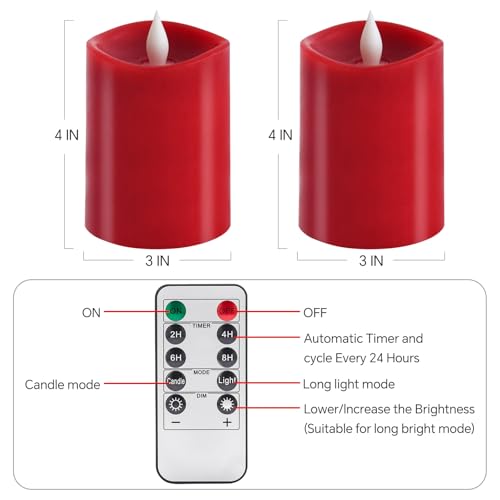 Image of 3x4 Flickering Flameless Candles Set of 2,Real Wax led Candles Flickering,with Timer,4 inch Flameless Candles with Remote,Battery Operated Candles,for Party Wedding Holiday Home Decor,Red
