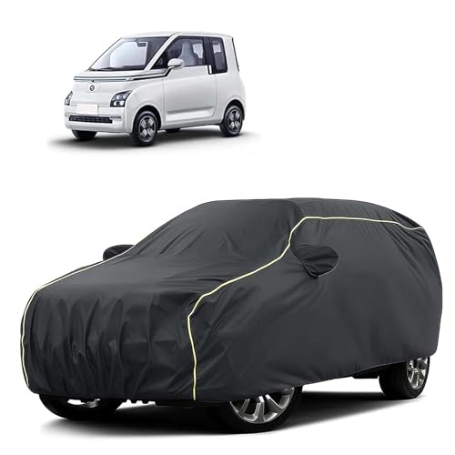 Image of Sulfar 100% Water Resistant Car Body Cover Compatible with Mirror for MG Comet EV (Triple Stitched, Full Bottom Elastic, Dark Grey Tafetta with Yellow Piping)