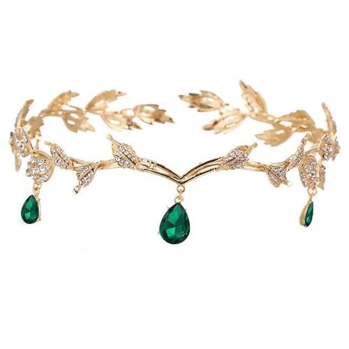 Qaestuan Forêt Elfe Couronne, Mode Vert Cristal Couronne, Bijoux de Tete Rétro Princesse Elfe, Accessoires Medieval Femme Réglable, pour Cosplay, Mariage, Fête, Festival de la Renaissance, Noël