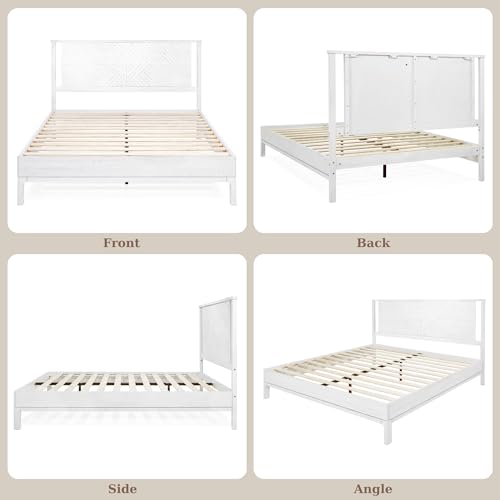 Image of Bme Ethan Solid Wood King Bed Frame with Diamond Headboard - Rustic & Mid-Century Modern - Acacia Wood Platform Bed - Compatible with All Mattresses - No Box Spring Needed - Rustic White