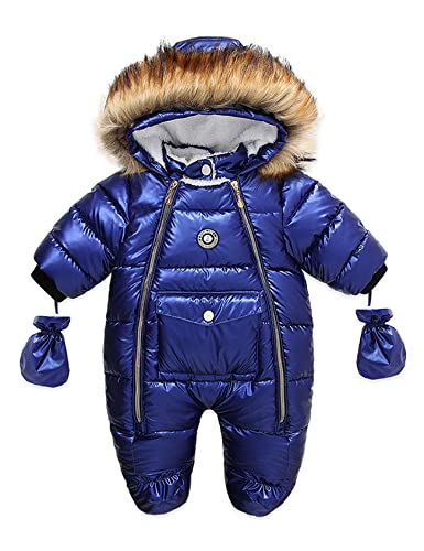 Legou Winter Thicken PU Fur Collar Children's One-piece Baby One-piece Clothes Thicken Warm Romper Navy blue 90