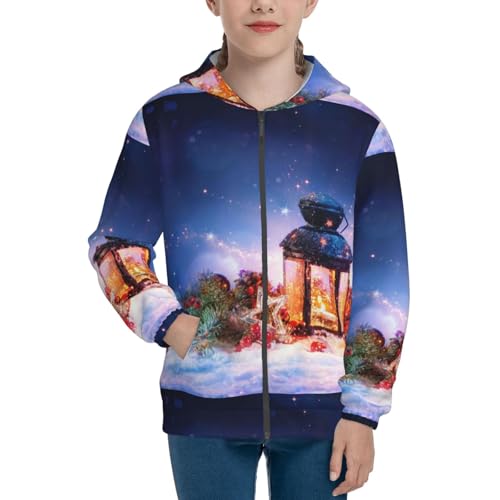 Lantern On Snow With Christmas Kids Pullover Hoodies Boys Zip Up Sweatshirts Girls Athletic Clothes with Pocket3
