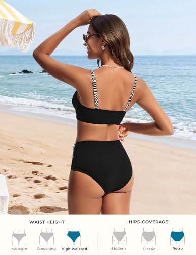 Hanna Nikole Womens Two Piece Bikini Sets High Waisted Push Up Swimsuits Full Coverage Padded Bathing Suit Modest Metal Swim Suits (Black Zebra, S) — view 3