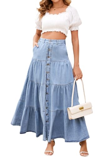 yoeasy Women's Button Down Denim Maxi Skirt High Waist Boho Flowy Swing Pleated Tiered Ruffle A Line Long Jean Skirts