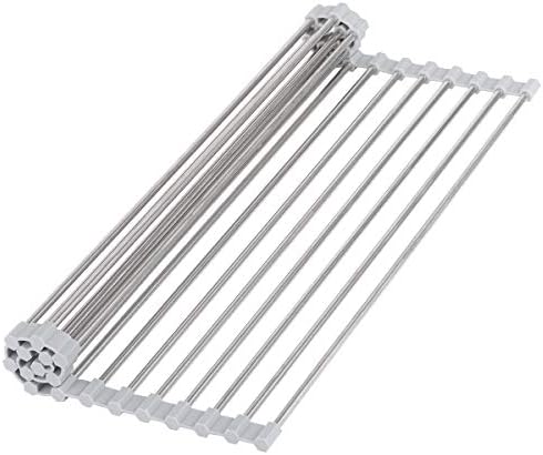 Hhyn Roll-Up Sink Drying Rack 17.7"(L) x 13.8"(W) - Multipurpose Heat Resistant Over The Sink Stainless Steel & Silicone Dish Drying Rack Rollable Kitchen Dish Drainer, Gray